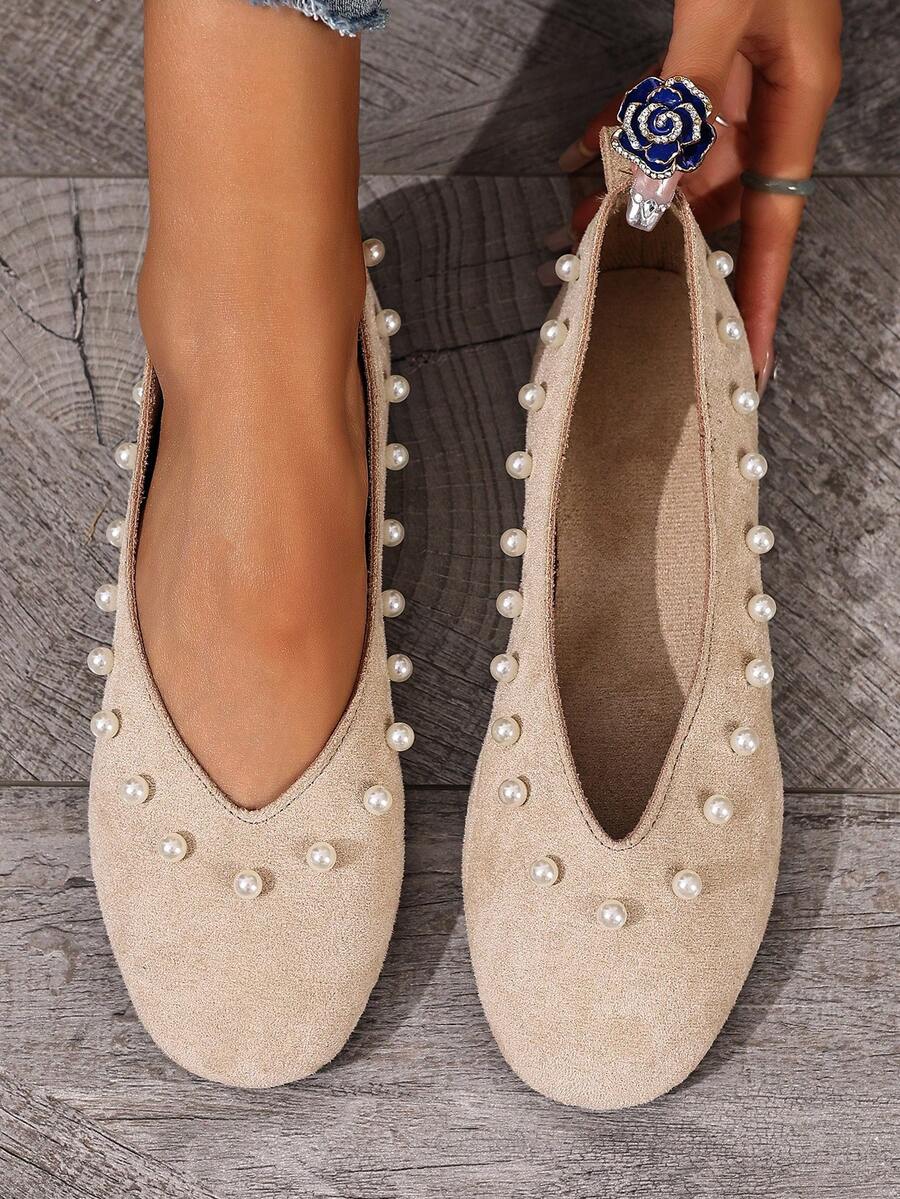 Niche Design Round Toe Pearl Low Vamp Flats Women, 2026 Spring/Summer New Casual Ballet Shoes