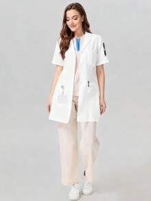 cimmuovere Women's Long Sleeve V-Neck Scrubs Nurse Scrubs Workwear Dentist Healthcare Pet Hospital Laboratory Coat White Spring - White - View 6