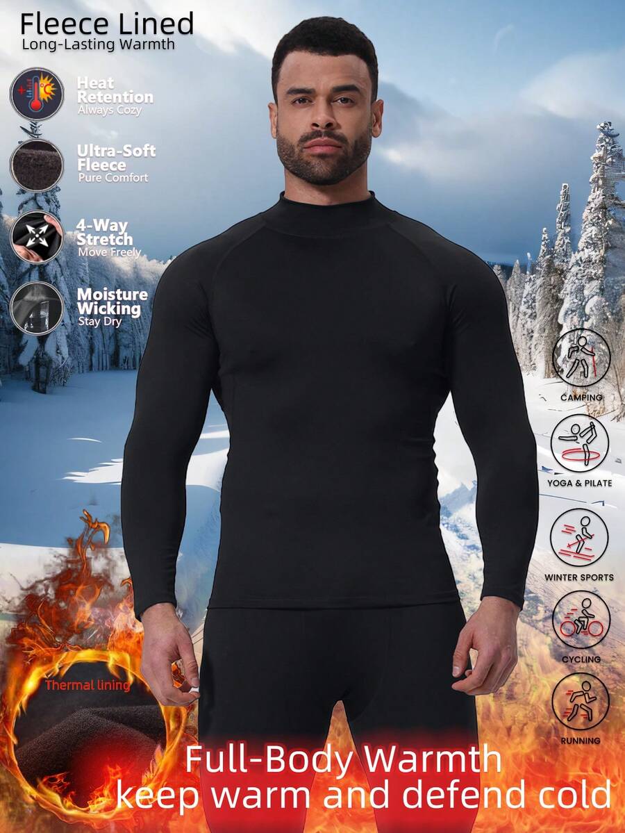 Warm Fleece High Neck Long Sleeve Lightweight Soft Fitted Thermal Underwear Shirt, Outdoor Sports Running Skiing Hunting Casual Cold Weather Warm Fleece Long Sleeve Top