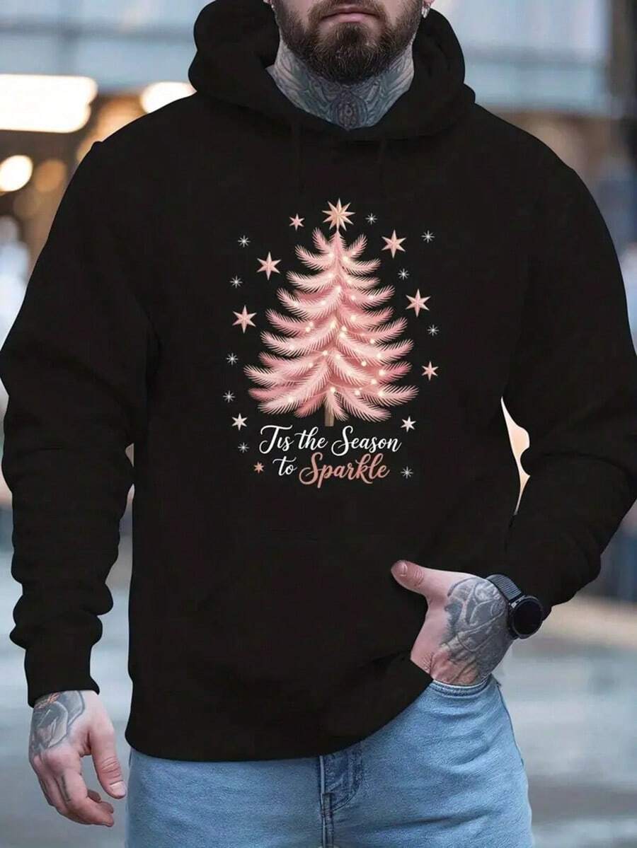 Men'S Oversized Christmas Hoodie With Pink Tree & Golden Print - Hip-Hop Style Loose Fit Hooded Sweatshirt, Sparkling "Tis The Season" Graphic Pullover With Pockets, Machine Washable Winter Sweater For Holiday Parties & Casual Wear,Street Wear,Mens Hoodies,Y2k Clothes,Jesus Hoodie,Thanksgiving Day,Nightmare Before Christmas,Christmas - Black - View 1