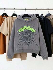 Male And Female Neutral Short Sleeves Cartoon Character Print Long Sleeve Casual Hooded Sweatshirt,Spider Web Print Hoodies Men Gothic Punk Long Sleeve Sweatshirts Pants Autumn Casual Hop Loose Pullovers-Tailoring Suitable Men Suitable Autumn And Winter Ornamental - 灰色 - 查看 1