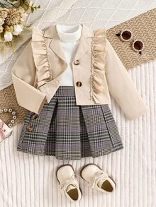 2pcs Girls Spring/Autumn Set, Fashionable Frill Trim Button-Up Shirt With Plaid Mini Skirt