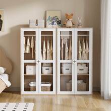 Children's Wardrobe With 2 Glass Doors, 80x50x150 Cm, With Hanger And Adjustable Shelves, Biscuit-Shaped Wooden Handles, White And Natural Wood, Lacquered Panels - White - View 6