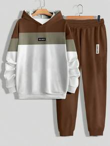 男士卫衣运动裤套装，休闲时尚慢跑运动服，连帽两件套，100% 涤纶，适合春秋季穿着，无内衬，轻盈顺滑面料 - 彩色 - 查看 3