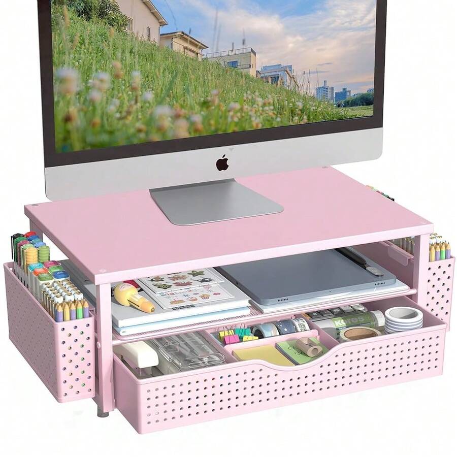 Desk Organizer And Accessories, Computer Monitor Stand Riser With Drawer And 2 Pen Holders, Office Desk Accessories & Workspace Organizers For Office Supplies (Pink){Inchcolor_nameinch:InchPinkinch} - 粉紅色的 - 查看 1