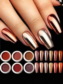 Metallic Chrome Nail Powder, Holographic Mirror Effect, Silver, Copper, Black, Gold Colors, Nail Art Design, Suitable For Gel Nails In Autumn/Winter, Comes With Tools - Multicolor - View 9