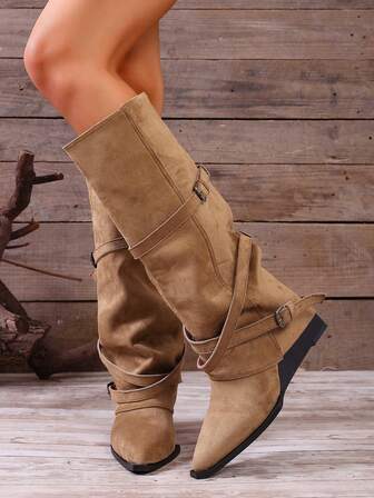 Women's Solid Color Wedge Heel Slip-On Boots, Comfortable Anti-Slip Fashionable Casual Outdoor Boots With Pointed Toe Design, Autumn/Winter New