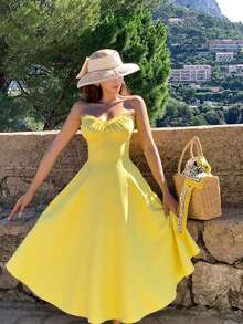 Robe d'été jaune canari boho pour femmes, décolletée avec volants, fermeture éclair dans le dos pour un enfilage facile. Convient pour les vacances à l'île, la plage, les festivals de musique/concerts et le port quotidien