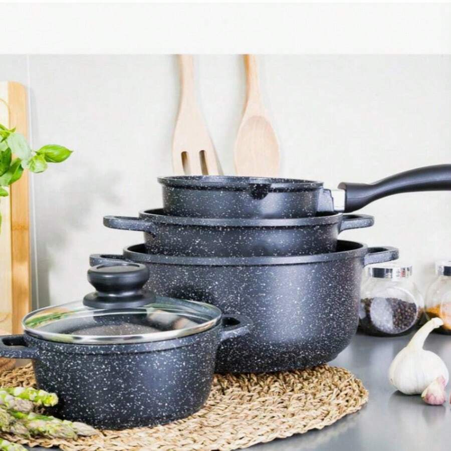 5pcs Nonstick Soup Pot Set, Suitable For Induction Cooktop And Gas Stove - Black - View 1
