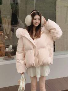 女士加厚羽绒服，带毛绒帽子，宽松版型，保暖冬装，韩版风格