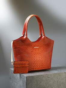 2pcs Elegant Women's Tote,Elegant Large-Capacity Women's Tote | Solid-Color Crocodile-Patterned PU Bag With Secure Zipper, Multi-Pockets, Fixed Strap - Suitable For Work & Outings - trái cam - Xem 3