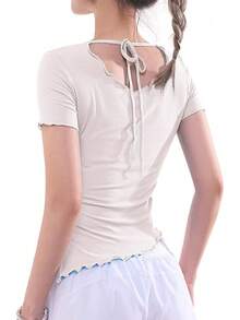DREAM SLIM Camisetas de entrenamiento de manga larga para mujer, ajustadas, acanaladas, para yoga, con ribete de lechuga, para correr, deportes - blanco (pantalón corto blanco) - Ver 13