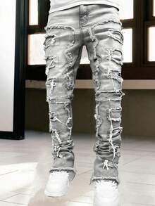 Men's Fashion Street Style Layered Frayed Hem Jeans, Emo Style - Medium Wash - View 1