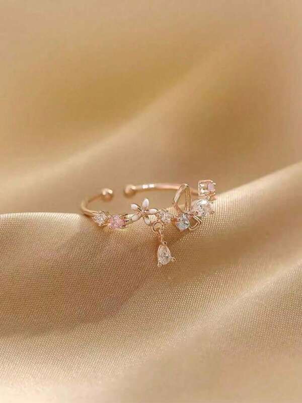 1pc Adjustable Flower Shaped Micro-Inlaid Zirconia Stone Ring For Women