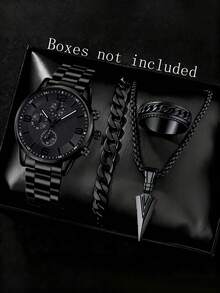 4pcs Black Alloy Strap Fashion Men's Watch Set, Business Quartz Watch With Bracelet, Necklace And Ring, Suitable For Daily Wear, Great Gift Choice - Black - View 1