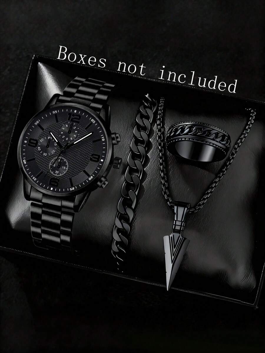 4pcs Black Alloy Strap Fashion Men's Watch Set, Business Quartz Watch With Bracelet, Necklace And Ring, Suitable For Daily Wear, Great Gift Choice - Black - View 1