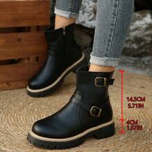 Simple Side Zipper Wedge Boots, Suitable For Women, Fashionable And Elegant, Suitable For Casual And Formal Occasions, All-Day Comfort And Support Design, Ideal For Autumn And Winter Fashion - Black - View 1