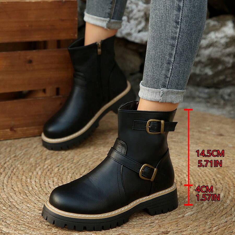 Simple Side Zipper Wedge Boots, Suitable For Women, Fashionable And Elegant, Suitable For Casual And Formal Occasions, All-Day Comfort And Support Design, Ideal For Autumn And Winter Fashion - Black - View 1
