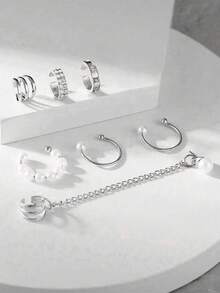 1 Set Pearl Clip-On Earrings, Minimalist Style Long EarringsPersonalizedty Ear Cuff For Women - Silver - View 4