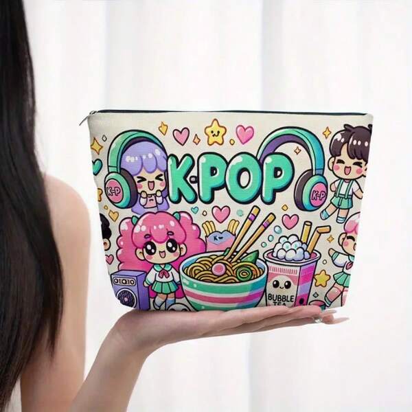 1pc Colorful Kpop Illustration Foldable Cosmetic Bag, Lightweight Travel Toiletry Pouch, Zipper Closure, Great Gift For Women, Best Friend Birthday Or Graduation, Travel Bag, Portable Bag, Makeup Storage Bag, Cartoon Illustration, Music Theme, Durable Material, Travel Essential, Makeup Organizer, Best Friend Gift, Birthday Gift