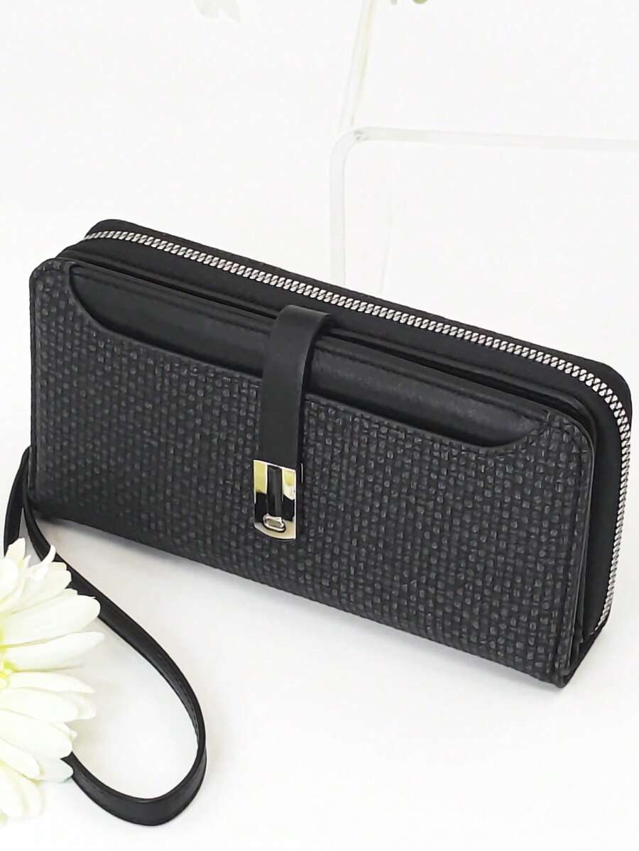 Women's Mini Handbag Wallet Chic Snap Closure Colorblock Soft PU Leather Long Wallet Multi-Functional Large Capacity Card Holder Zipper Coin Purse Lightweight & Fashionable For Women Wallet Purse Wallet - Black - View 1