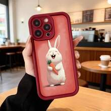 Cubierta de teléfono con borde negro y fondo rojo con estampado de conejo blanco comiendo zanahoria para uso diario en cafeterías Aplicable a los teléfonos de la serie Apple y Galaxy - Negro - Ver 5
