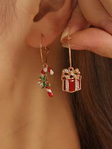 3 pares de pendientes colgantes con diseño de reno de Navidad, bastón de caramelo y caja de regalo para mujer, estilo clásico y lindo, chapado en oro de 18K, con detalles de rhinestone, de aleación de zinc y ganchos de hierro, perfectos para celebraciones navideñas y de invierno