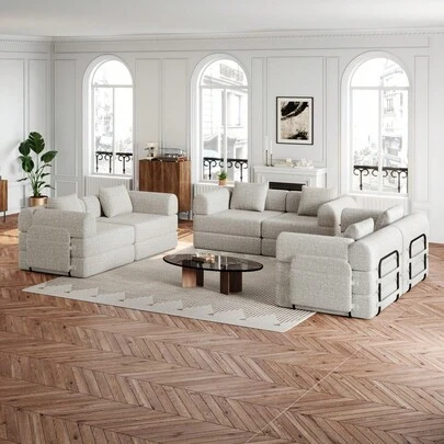 2-In-1 Chenille Sofa Bed, Built-In Storage In The Armrests, Triple Reinforced Metal Frame, Multiple Configurations Possible