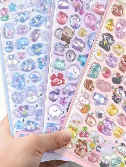 1pc Girl 3D Embossed Sticker With Rhinestone Crystal Cute Sticker Toy Decor For Phone