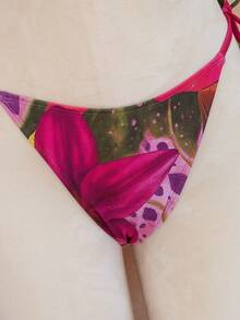 Conjunto de bikini de 3 piezas para mujer con estampado de flor de loto, diseño con lazo, falda maxi de malla, traje de baño vintage bohemio casual con tirantes finos, adecuado para vacaciones de primavera/verano, tomar el sol - Rojo - Ver 10