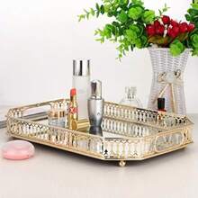 Vintage Gold Mirror Tray Perfume Tray Mirror Tray Gold Makeup Vanity Tray HollowCarved Jewelry Tray Metal Trinket Storage Tray Home Organizer Decorative Tray For Dresser Bathroom Countertop