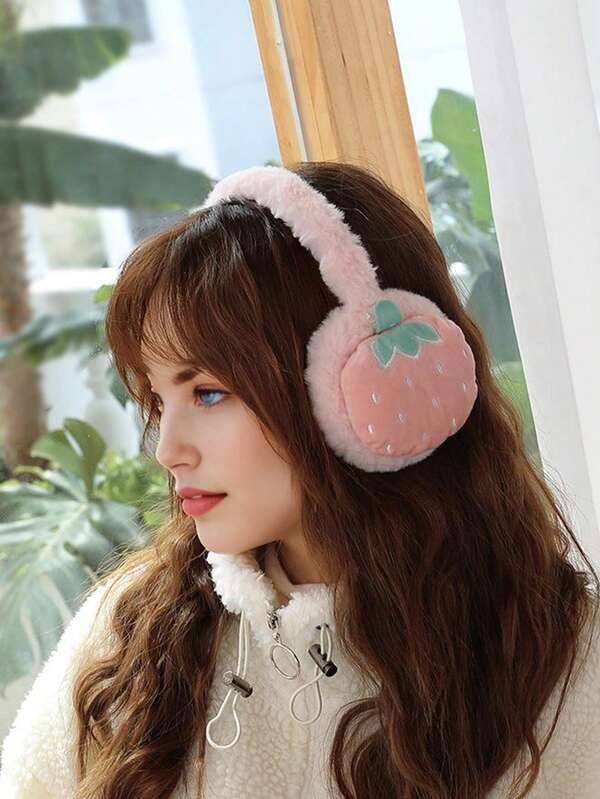 Protetores de orelha femininos com estampa de frutas em desenho animado, ideais para outono e inverno, para manter as orelhas aquecidas e proteger do frio. Protetores de orelha brancos com imitação de pelo de coelho para aquecer as orelhas.