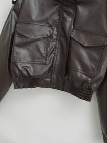 Casual Solid Color Large Pocket Short Leather Jacket, Autumn/Winter - Chocolate Brown - View 5