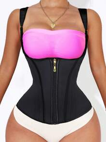 1pc Adjustable Zipper Waist Trainer, Double Compression Waist Belt With Steel Boning - Black - View 4