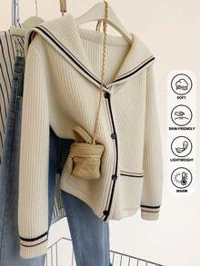 JIANHU 奶油色水手领针织开衫 - 秋冬款，黑红条纹饰边，4 颗纽扣 | 圣诞派对和校园约会 - 白色 - 查看 4