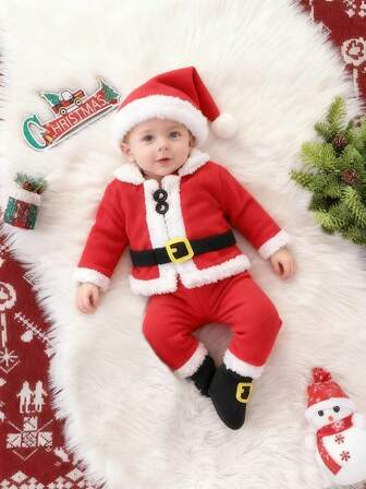 4pcs Christmas Outfit Set, Long Sleeve Santa Claus Costume For Kids