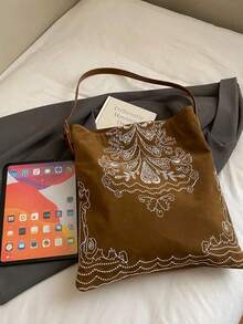 2025 New Bohemian Style Suede Tote Bag, Embroidered Pattern, Large Capacity, Relaxed Shoulder Bag