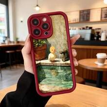 Cubierta de teléfono con borde protector negro diseño de pato amarillo en fuente vintage para uso diario en cafeterías y espacios interiores Aplicable a los teléfonos de la serie Apple y Galaxy - Burdeos - Ver 2