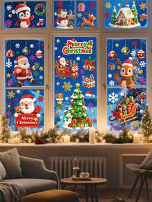 一套4张粉色圣诞静态窗贴，共53种图案，包含粉色圣诞老人、雪花、铃铛、房屋、糖果等图案，可自由搭配DIY。适用于圣诞主题的窗户和玻璃贴。 - 彩色 - 查看 13