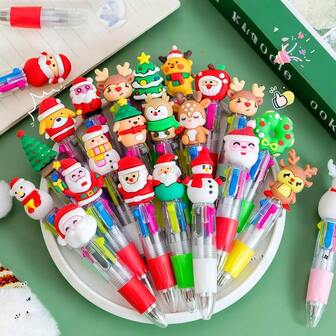 15/10/20支装节日四色圣诞笔套装 - 创意手动彩色墨水笔，笔帽和笔身均采用圣诞主题设计，适合节日使用 - PP材质，按压式创意四色圣诞卡通日常书写圆珠笔，圣诞礼物，书写礼品，桌面装饰