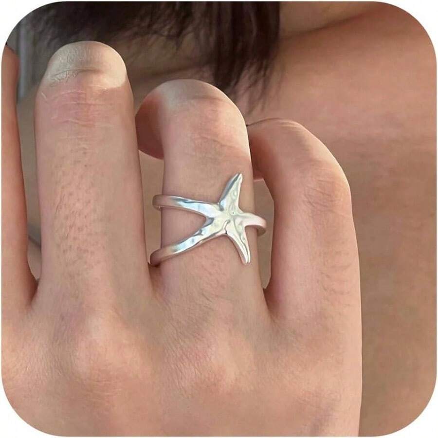 Starfish Statement Ring Women Stainless Steel Seashell Rings Opening Adjustable Gold Silver Starfish Ring Irregular Beach Rings Summer Beachy Ocean Jewelry - Bright Silver Starfish Ring - View 1