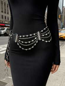 1件纯色休闲朋克复古街头PU皮革多层水钻链条吊坠女式腰带，Y2K美式性感复古风腰链，百搭裙装、裤装，适合万圣节、圣诞节、复活节等节日佩戴。 - 黑色 - 查看 2