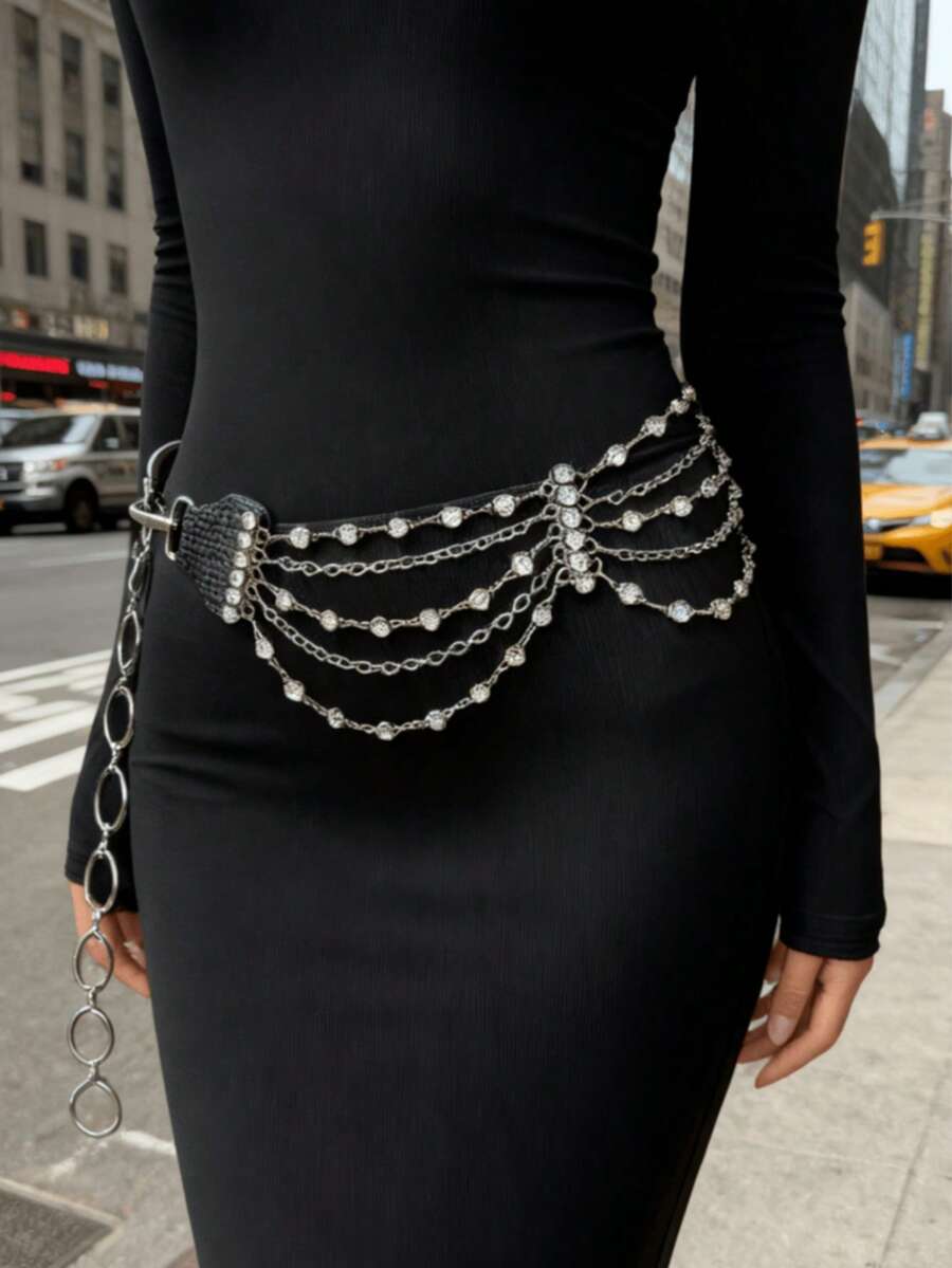 1件纯色休闲朋克复古街头PU皮革多层水钻链条吊坠女式腰带，Y2K美式性感复古风腰链，百搭裙装、裤装，适合万圣节、圣诞节、复活节等节日佩戴。