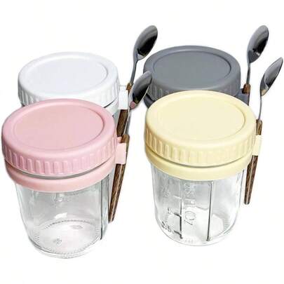 4 Pack Overnight Oats Jars With Lids And Spoons, Leak Proof, 12 Oz Overnight Oats Container, Jars With Lid, Overnight Glass Jar With Lid Fruit, Milk, Cereal