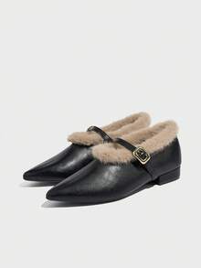女士复古仿毛皮尖头粗跟玛丽珍毛绒平底鞋，保暖内衬，黑色，时尚百搭搭扣乐福鞋 - 黑色 - 查看 13