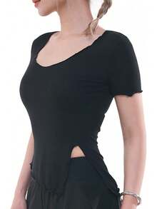 DREAM SLIM Camisetas de entrenamiento de manga larga para mujer, ajustadas, acanaladas, para yoga, con ribete de lechuga, para correr, deportes - blanco (pantalón corto blanco) - Ver 3