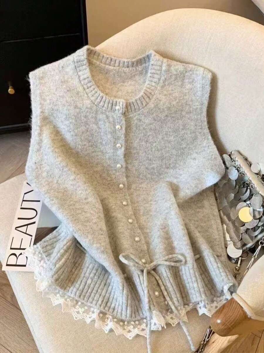 女士针织开衫，甜美蕾丝上衣，休闲学院风，春秋季 - 灰色 - 查看 1