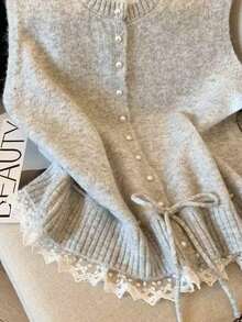 女士针织开衫，甜美蕾丝上衣，休闲学院风，春秋季 - 灰色 - 查看 4