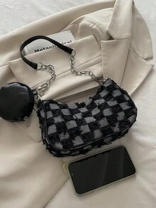 1个蓝色牛仔布拉链格纹拼接肩带时尚百搭斜挎包，适合女性日常使用、购物、装钱包，也适合年轻女士、大学生、新婚夫妇、上班族。是办公室、大学、工作、商务、通勤、户外活动、旅行和野餐的理想之选。 - 黑色 - 查看 7