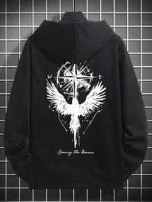 Zrgoth 男士 Compass & Raven Element 宽松袋鼠口袋连帽衫，引领时尚潮流，秋冬款 - 黑色 - 查看 5